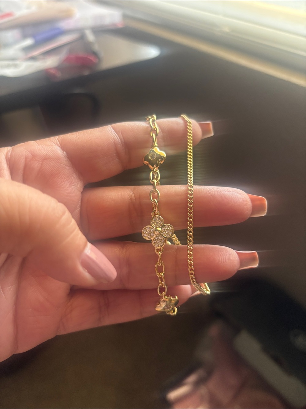 Gold-Tone Floral Charm Double Bracelet - Women Jewelry. Laminated Gold